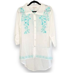 Piccola Bella Linen Button Front Blue Embroidery Shirt Cover-Up Women’s Size - M